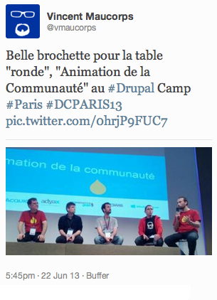 Tweet de Vincent Maucorps : la table ronde animation de la communauté Drupal en France