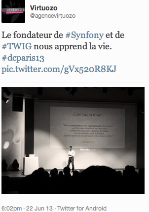 Tweet de Virtuozo : La keynote de Fabien Potencier