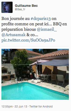 Tweet de Guillaume Bec : à la place du Drupalcamp Paris la piscine